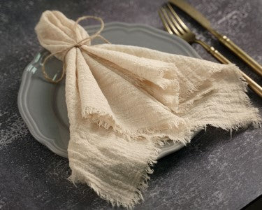 Ivory Color Cotton Napkin With Fringe Edges On Dinner Table Place Setting