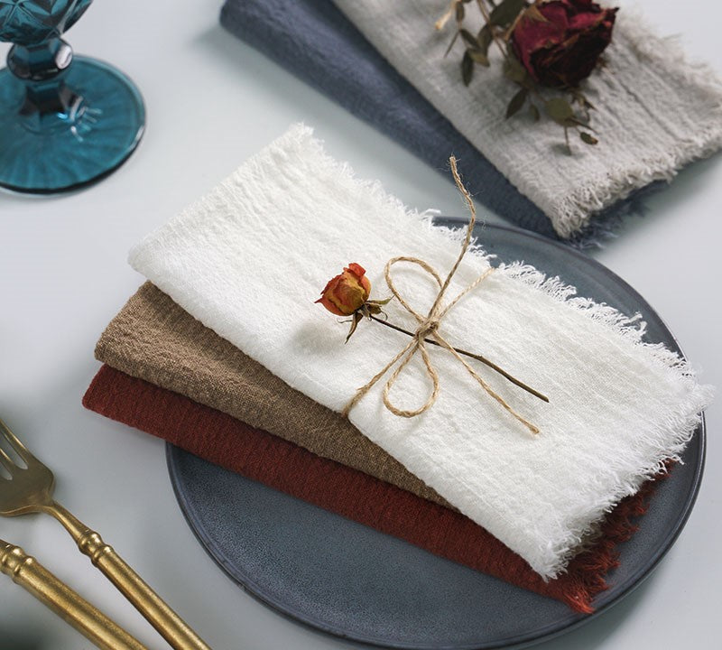 Rustic And Stylish Real Cotton Napkins Burgundy Khaki Light Brown White Blue Grey Napkin Cloths With Fringe Edges For Dining Table Place Settings