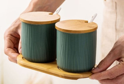 Carrying Two Canister Set Of Sea Color Organic Seaside Style Ceramic Jars With Spoons Bamboo Lids And Tray