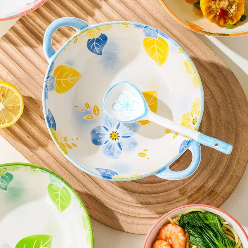 Breezy Style Ceramic Bowl With Handles Blue And Yellow Floral Pattern Kehlani Tropical And Bright Dish