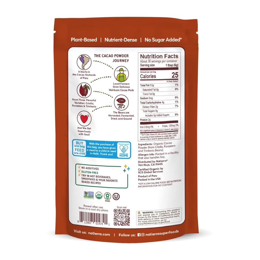 8 Ounce Natierra Organic Cacao Powder Nutrition Facts Ingredients