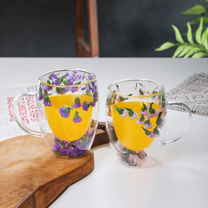 Petite Arbor Double Wall Glass Cups With Purple Flowers And Pastel Pink Flowers For Drinks Glass Mugs With Juice