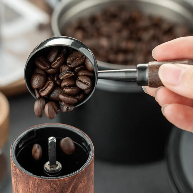 Making Coffee At Home With Luxury Barista Walnut Wood And Stainless Steel Metal Coffee Scoop With Short Walnut Handle