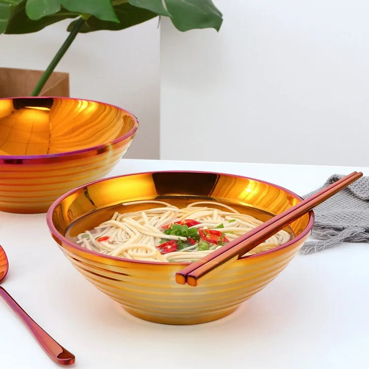 Gorgeous And Glamorous Dishes Shiny Rainbow Sunset Insulated Metal Bowls With Matching Chopsticks And Spoon