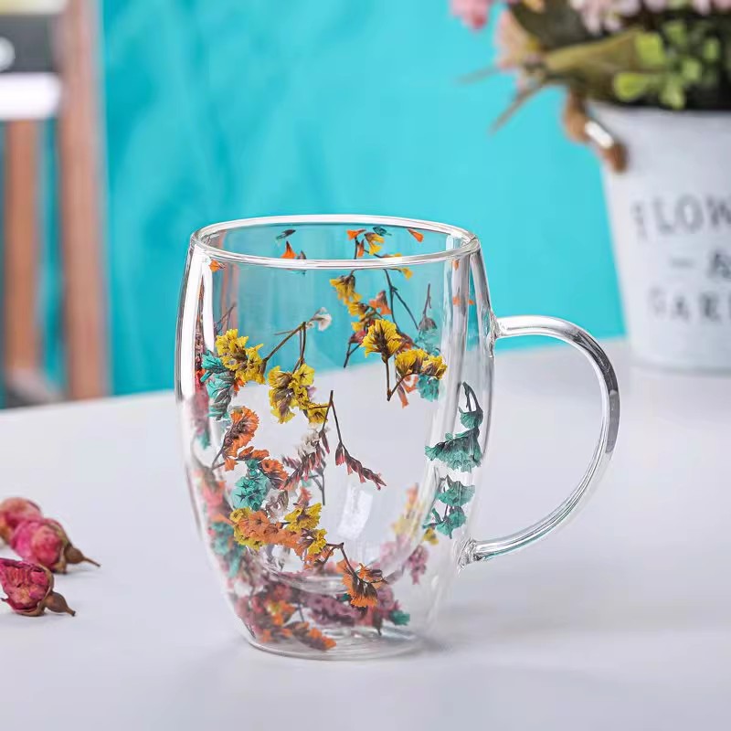 Beautiful Brilliant Meadow Dried Flowers Double Wall Glass Mug With Real Flower Blooms Inside Cup