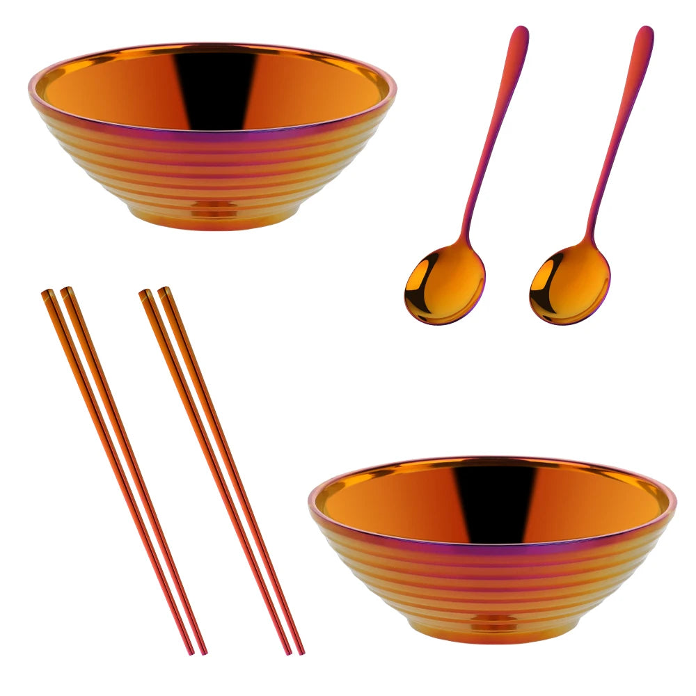 Dish Sets With Utensils Glam Stainless Steel Insulated Colorful Sunset Noodle Bowls With Matching Sunset Spoons And Sunset Chopstick Sets