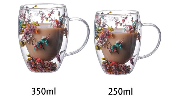 Drinkware Two Sizes Of Brilliant Meadow Glass Mugs With Dried Flowers 8 Ounce And 11 Ounce Cups