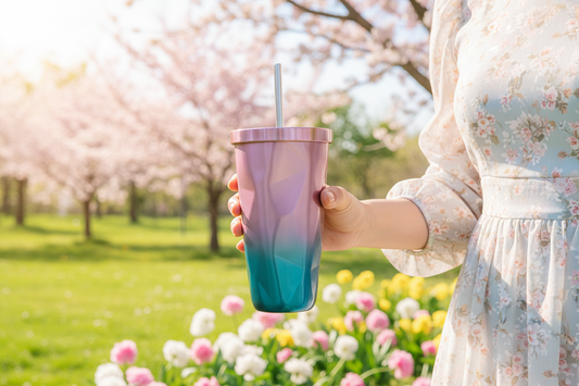 Woman In Spring Style Dress With Tumbler Cup In Springtime Colors Stainless Steel Drinkware With Reusable Straw