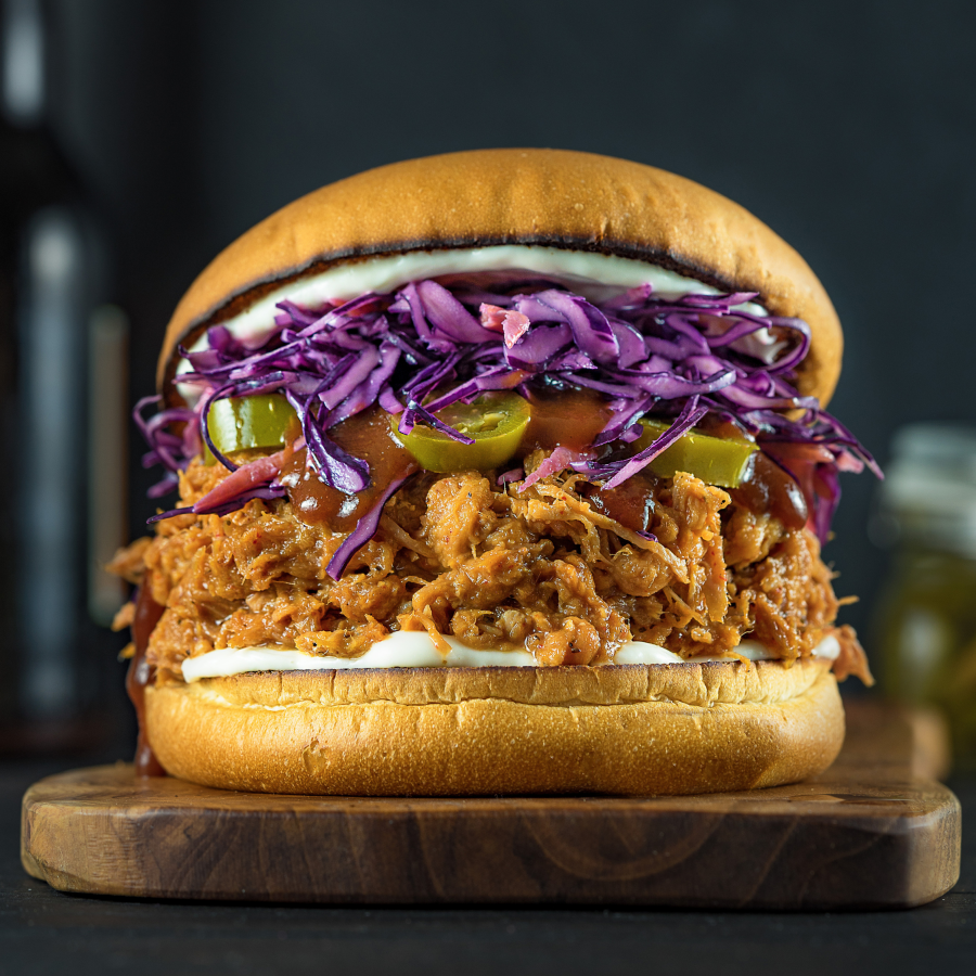 Organic Bun Barbecue Pork Pulled Sandwich With Jalapenos Cabbage And Mango Jalapeno BBQ Sauce From Terra Powders Market