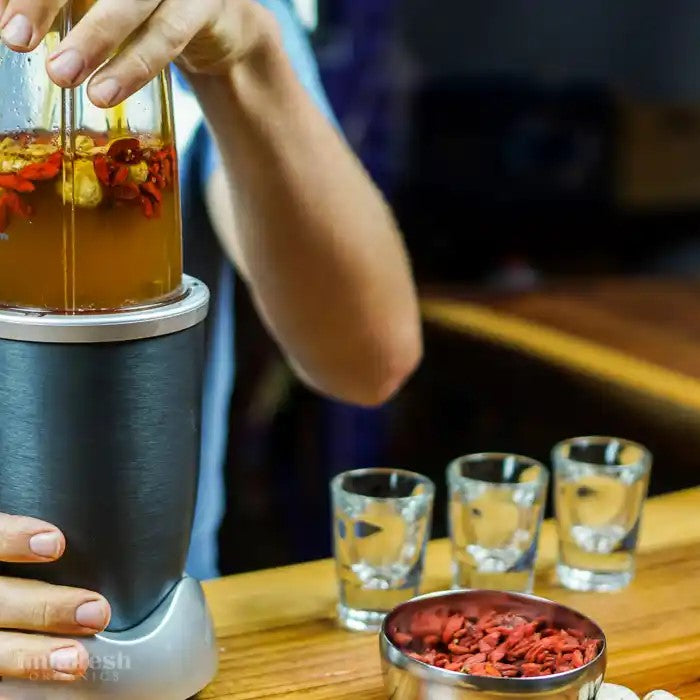 Using NutriBullet Blender To Make Imlakesh Recipe Longevity Shot Drink With Goji Berries And Macambo Beans