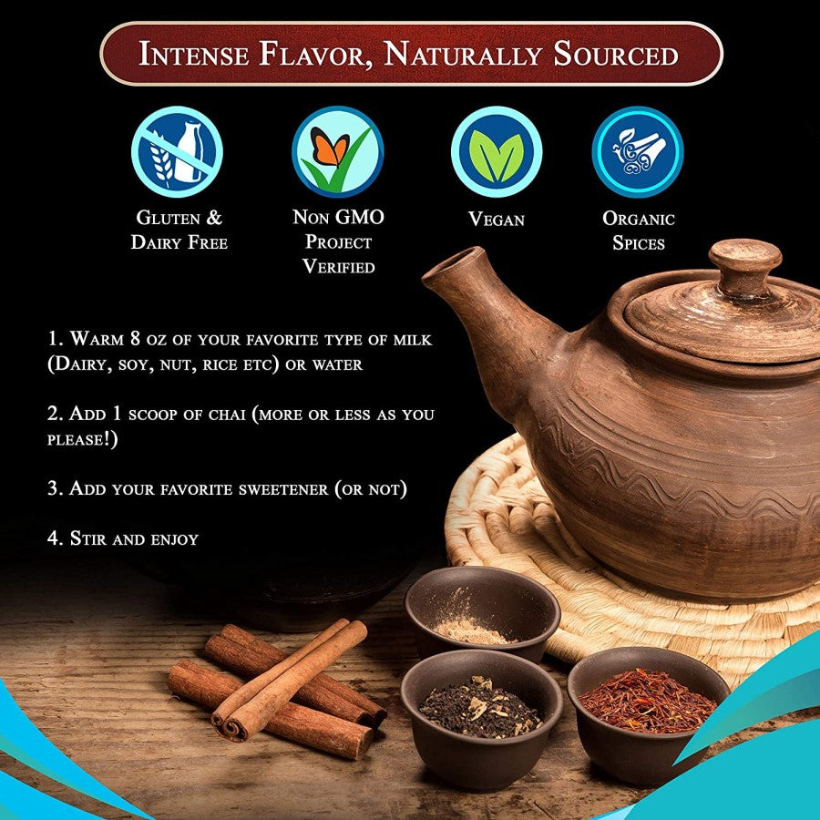 Blue Lotus Chai Intense Flavor Naturally Sourced Dairy Free Non-GMO Vegan Organic Spices Rooibos Masala Chai Tea Powder