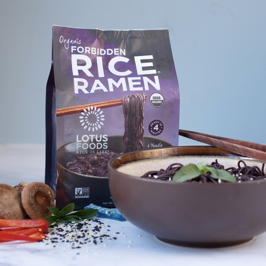 Lotus Foods Forbidden Rice Ramen Bag And Bowl Of Dark Pasta Gluten Free Healthy Ramen Noodles