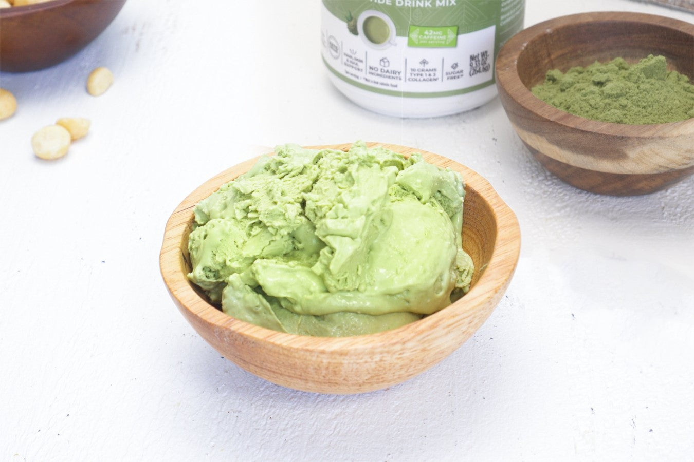 Wooden Bowl Of Green Powder And Wooden Bowl Of Matcha Ice Cream No Dairy Made With Collagen Peptides Powder Recipe Primal Kitchen