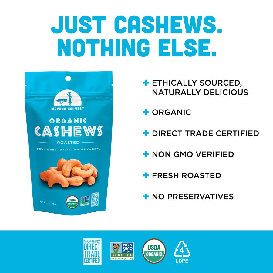 Just Cashews Nothing Else Mavuno Harvest Is Ethically Sourced Delicious Organic Direct Trade Certified Non-GMO Fresh Roasted No Preservatives