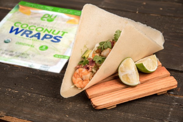 NUCO Organic Coconut Wraps Original Flavor Gluten Free Tortilla Meal Shrimp Tacos With Bacon Slaw