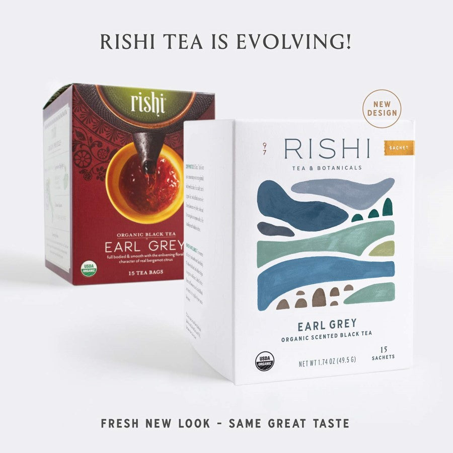 Rishi Tea Fresh New Look Same Great Taste Organic Earl Grey Black Teas Old And New Box Design