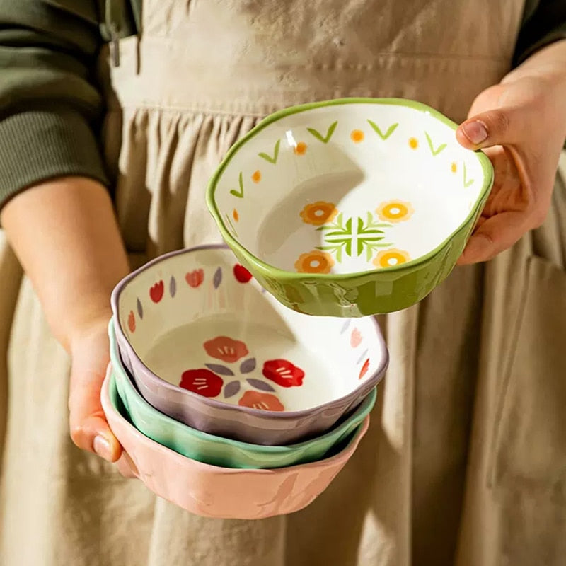Vintage Farmhouse Cottage Ceramic Bowls With Colorful Flower Prints