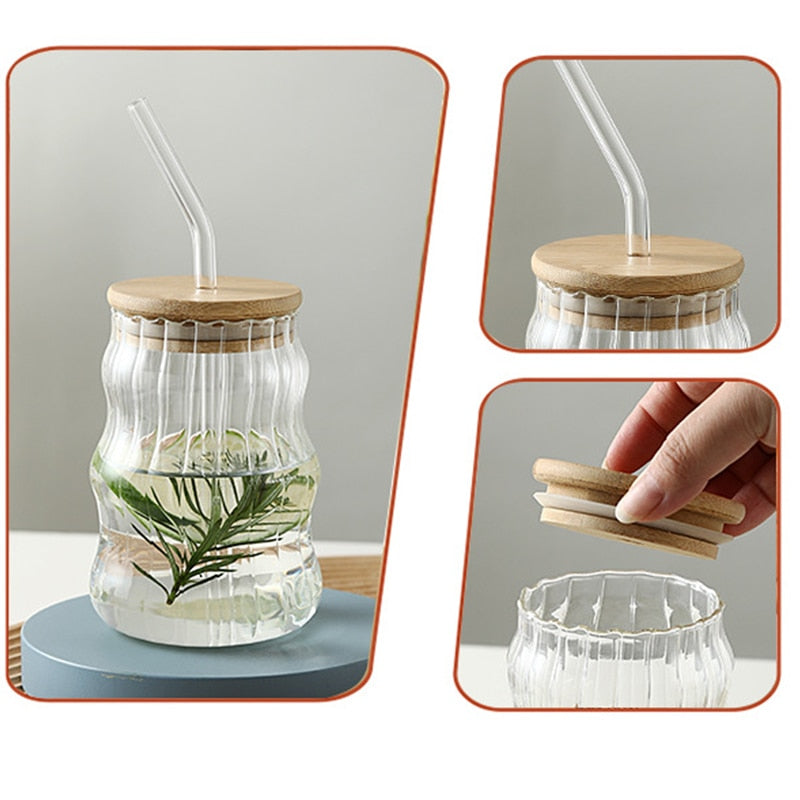 Glass Drink Tumbler With Glass Straw And Silicone Sealing Bamboo Lid