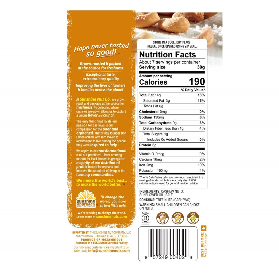 7 Ounce Sunshine Nut Company Sprinkling Of Salt Whole Roasted Cashews Nutrition Facts And Ingredients