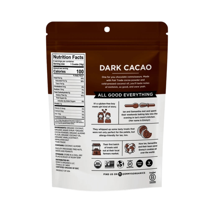 Clean Snacking Made Delicious Emmys Organics Superfood Bites Dark Cacao Coconut Cookies Non-GMO Ingredients Nutrition Facts