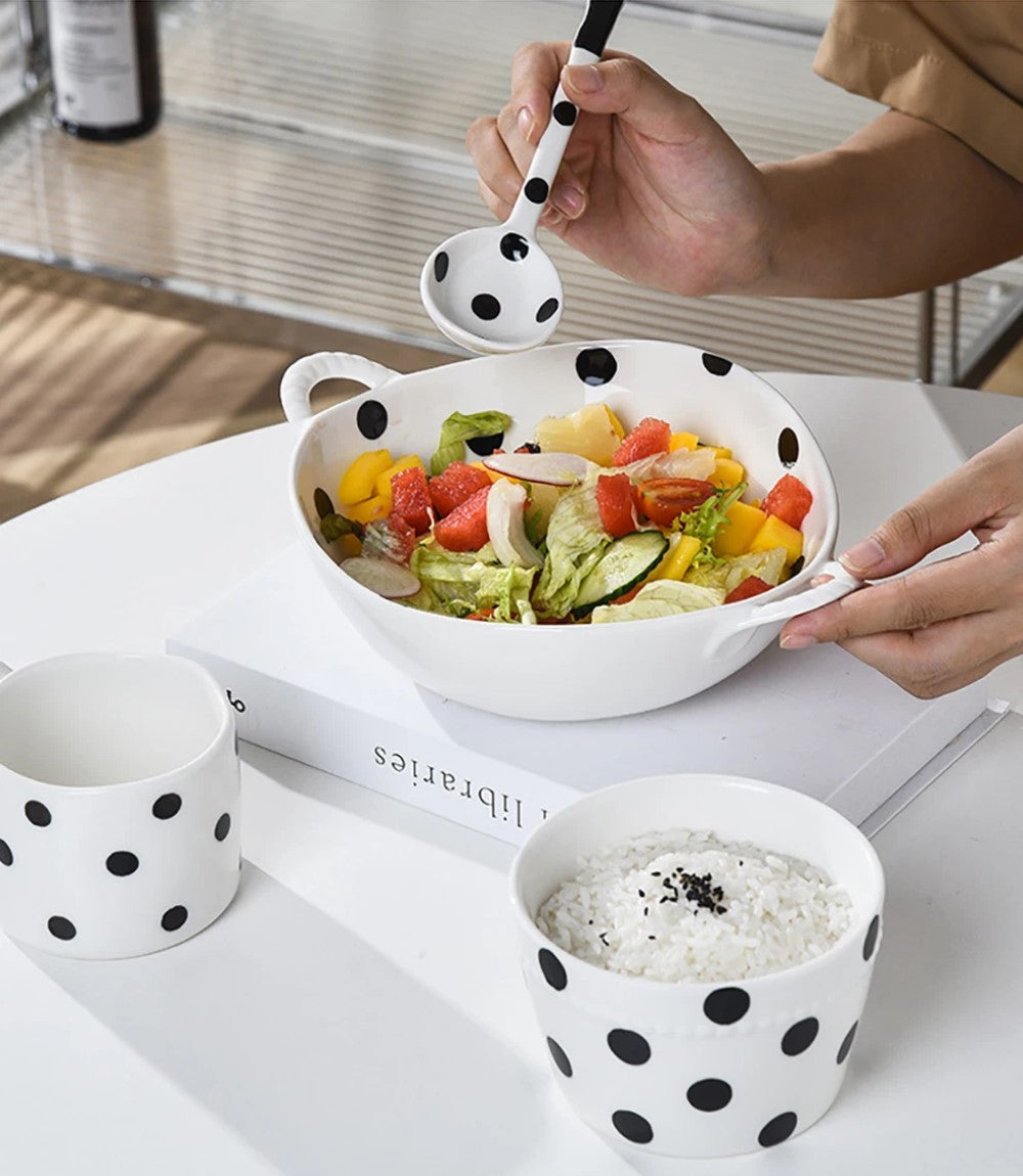 Eating At Table With Black Polka Dot Pattern Farmhouse Style Irregular Shaped Ceramics