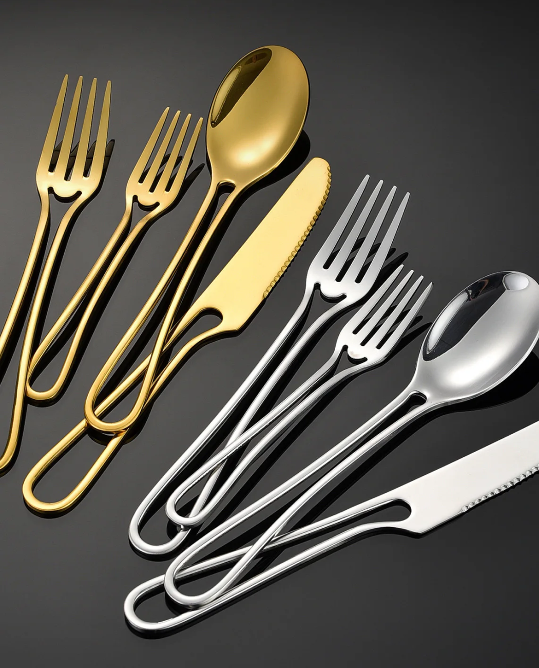 Gold And Silver Flatware With Stencil Like Cut Out Handles Minimalist Silverware Forks Spoons And Knives In Stylish Shiny Sets For Wedding Tables Dinner Parties And Everyday Dining
