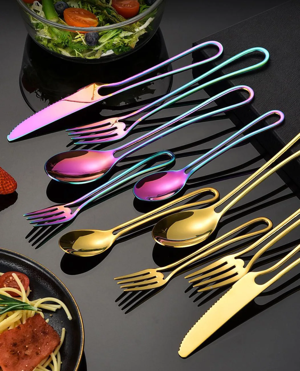 Delicious Food And Stylish Silverware With Cut Out Handles Minimalist Flatware In Iridescent And Gold Stainless Steel