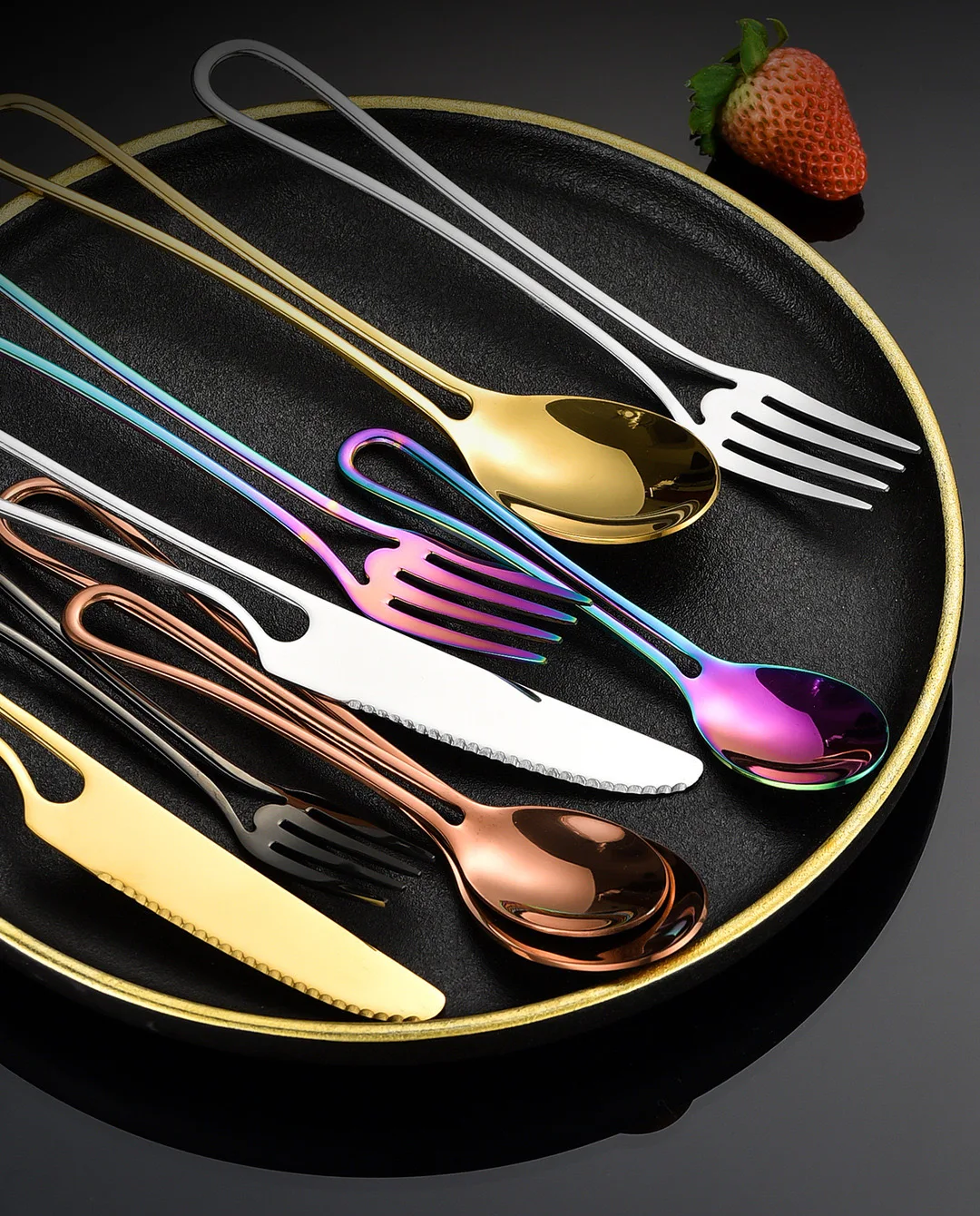 Stylish Tablescape Idea Using Minimalist Flatware Shiny Stainless Steel Knives Forks And Spoons In Gold Black Rose Gold Silver And Iridescent Rainbow Colors