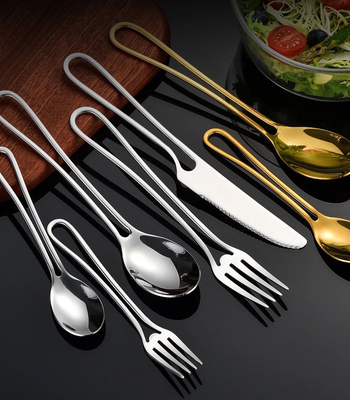 Modern Flatware In Minimalist Decor Style Spoons Forks And Knives In Shiny Smooth Stainless Steel Silver And Gold Silverware Sets