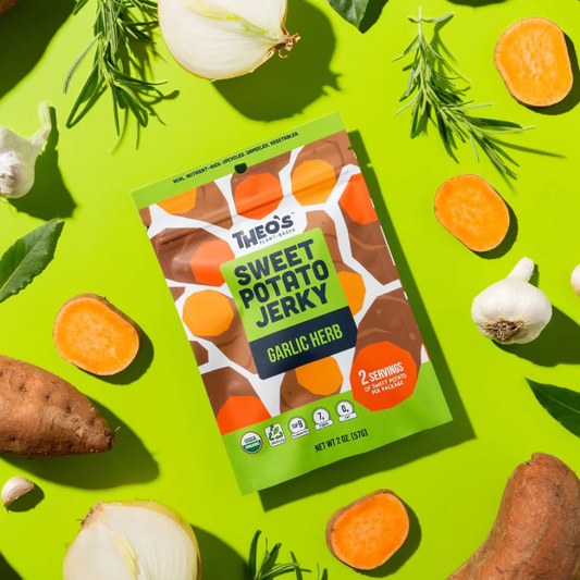 Real Nutrient Rich Upcycled Unpeeled Vegetables Organic Theo's Plant Based Sweet Potato Jerky Garlic Herb