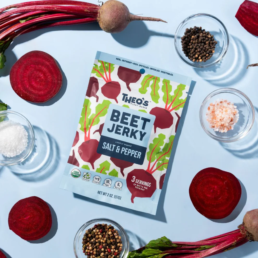Real Nutrient Rich Upcycled Unpeeled Vegetables Organic Theo's Plant Based Beet Jerky Lightly Smoked Salt & Pepper