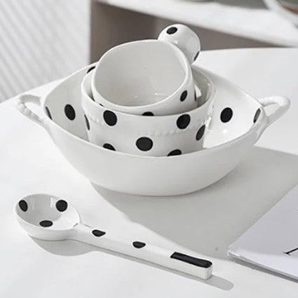 Stackable Dinnerware Set Ceramic Dishes White With Black Polka Dots