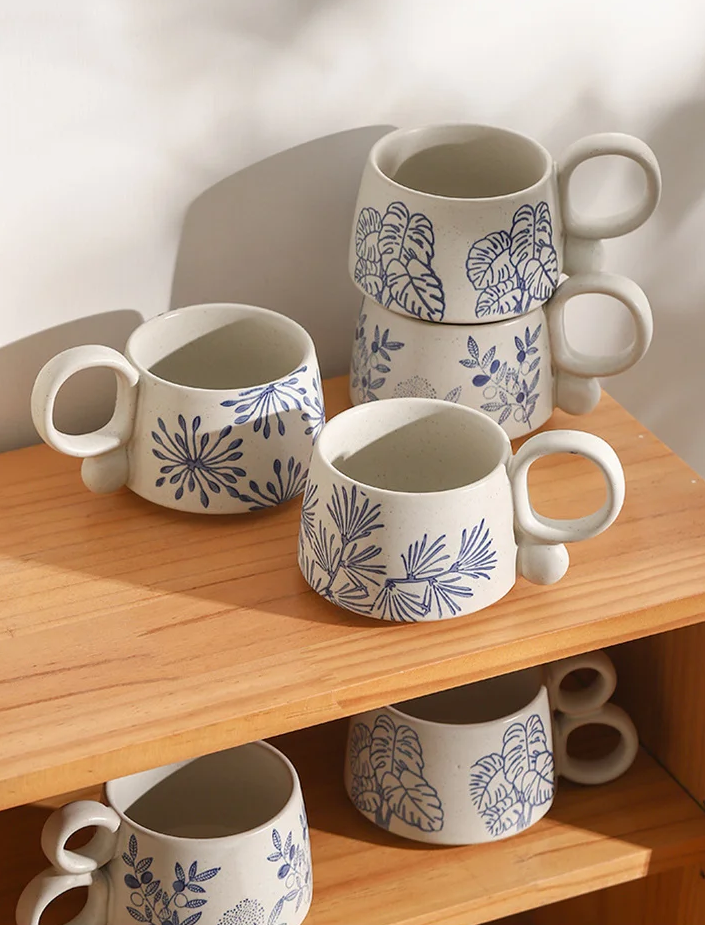 Beautiful Ceramic Cups Nature In Blue Patterns Found In Garden And Landscapes Unique Mugs With Loop Handles