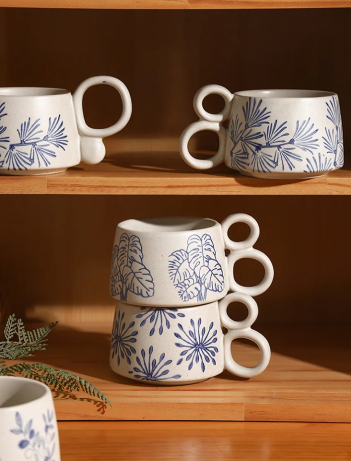Pottery With Blue Plants On Unique Mugs With Loop Handle Designs 1 Loop And 2 Loops Mug Options Nature In Blue Drinkware