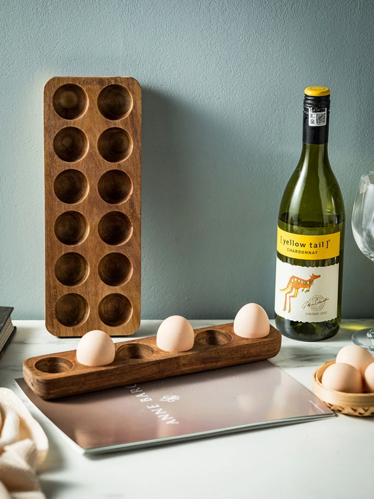Bottle Of Wine And Beautiful Acacia Wood Egg Holder Trays In Dozen And Half Dozen Egg Storage Options