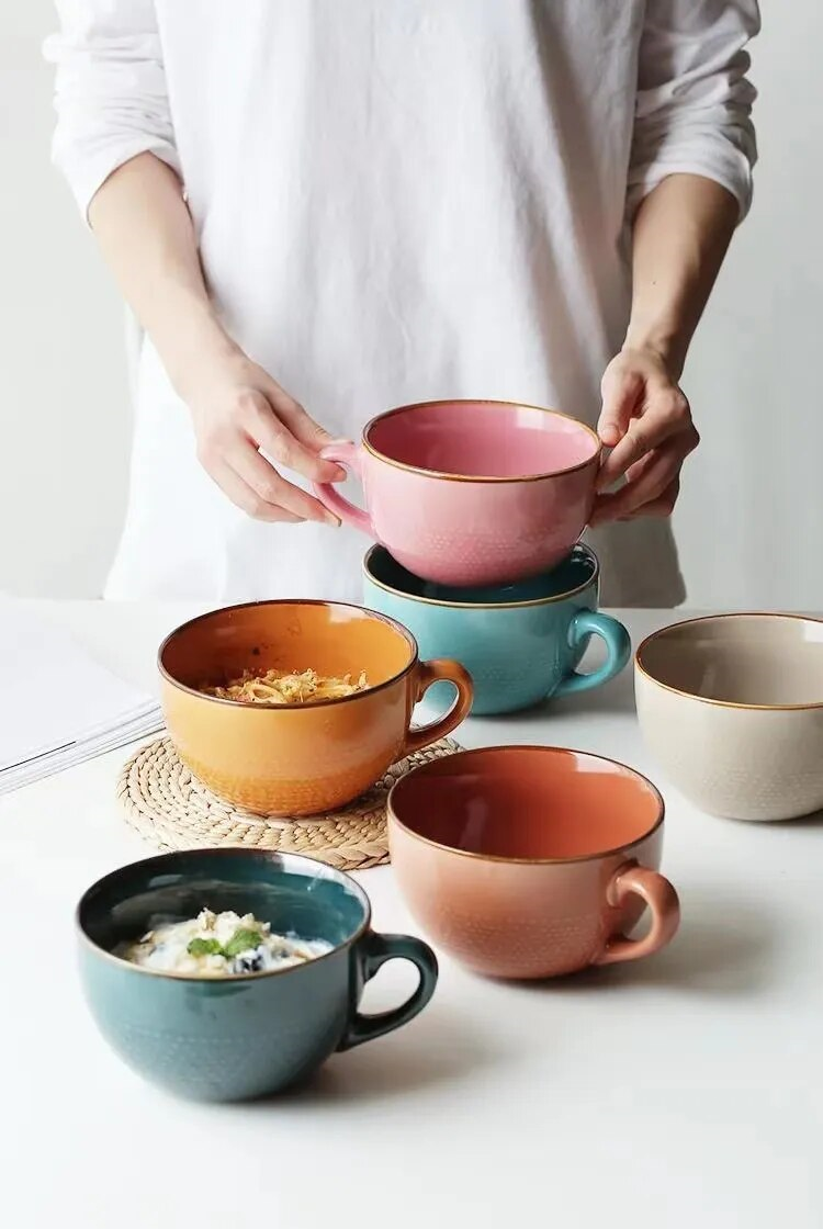 Person Stacking Oversized Ceramic Mugs In 6 Color Options