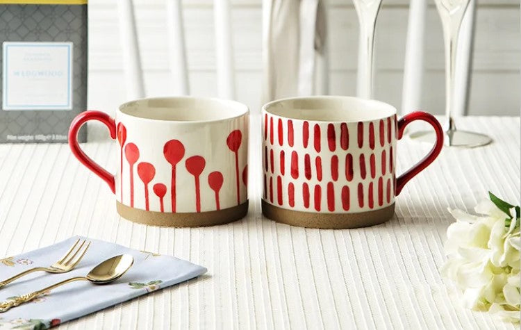 Cups On Table Red Sprouts And Red Seeds Pattern Grounded Art Ceramic Mugs With Exposed Bases