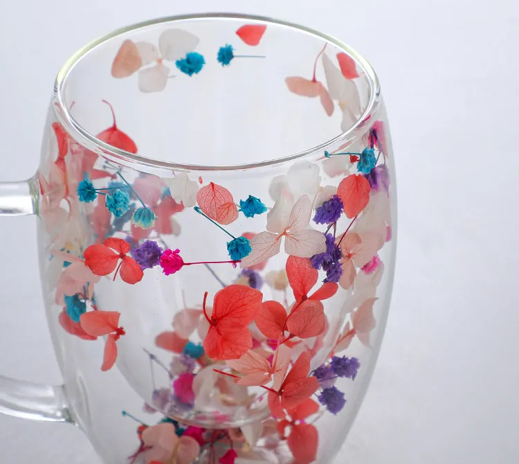 Dried Flower Double Wall Clear Glass Coffee Mugs Double Insulated Glass Cup  For Hot Cold Beverages