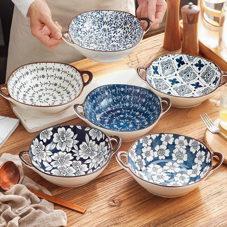 Blue And White Dishes Farmhouse Table With Mediterranean Style Ceramic Bowls With Handles