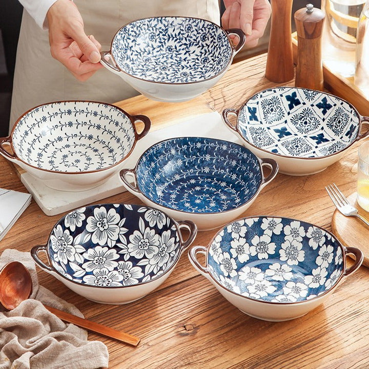 Blue And White Dishes Farmhouse Table With Mediterranean Style Ceramic Bowls With Handles