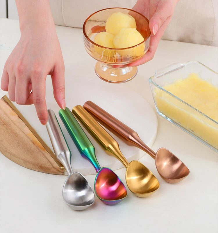 Reaching For Silver Stainless Steel Kitchen Scoop For Serving Nice Cream Sorbet And Sherbet Colorful Metal Varieties