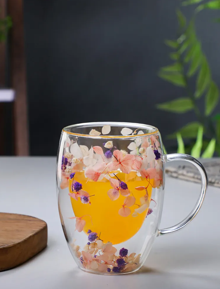Juice In Glass Mug Filled With Pink And Purple Spring Blooms Petal Fancy Clear Cup