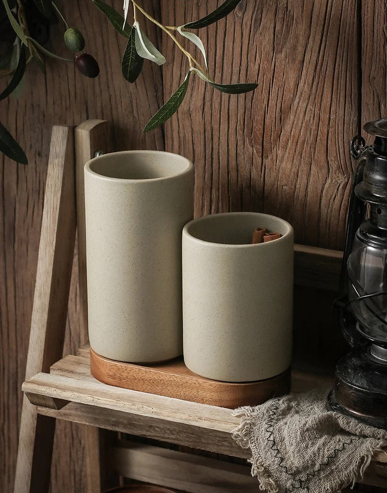 Varying Height Kitchen Jars For Food Storage Ceramic Canisters On Wood Tray For Farmhouse Decor Organic Modern And Rustic Style