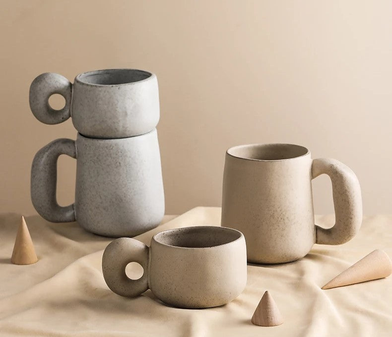 Morning Mist And Desert Haze Neutral Color Cups With Oversized Handles Ceramic Pottery In Organic Retro Styles With Chunky Handle Design