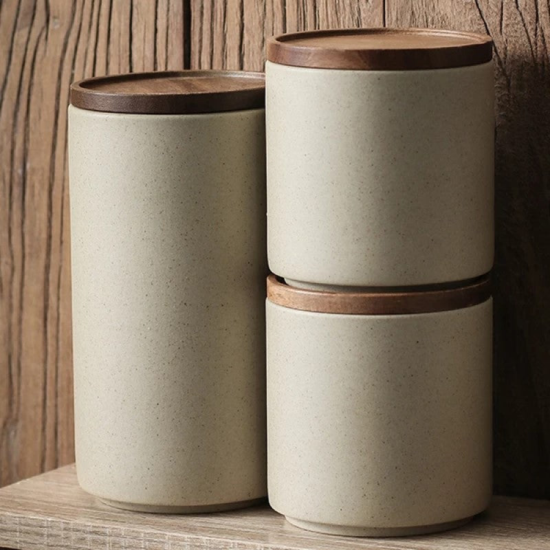 Short And Tall Canisters For Kitchen Counter And Open Shelving Decor Ceramic With Wood Lid Food Storage