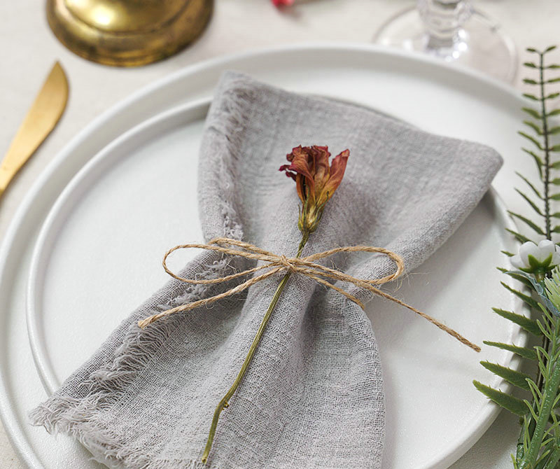 Dried Flower And Shade Of Grey Cotton Napkin Wrapped With Twine For Rustic Style Table Setting