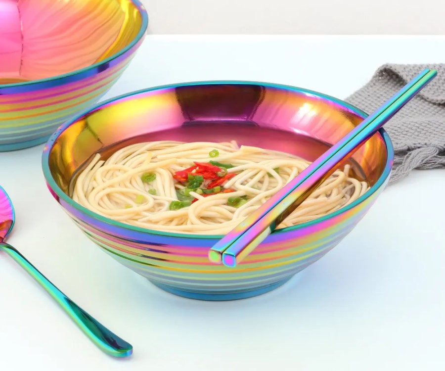 Luxury Dishware Sets Iridescent Rainbow Ombre Color Style Glam Stainless Steel Noodle Bowls With Matching Utensils
