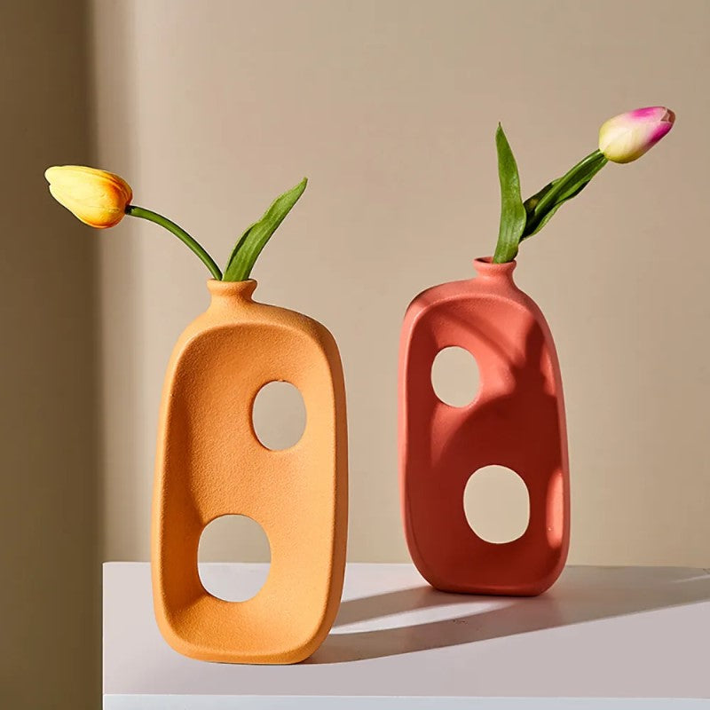 Two Ceramic Vases With Tulip Flowers Abstract Modern Art Stylish Home Decor Accent