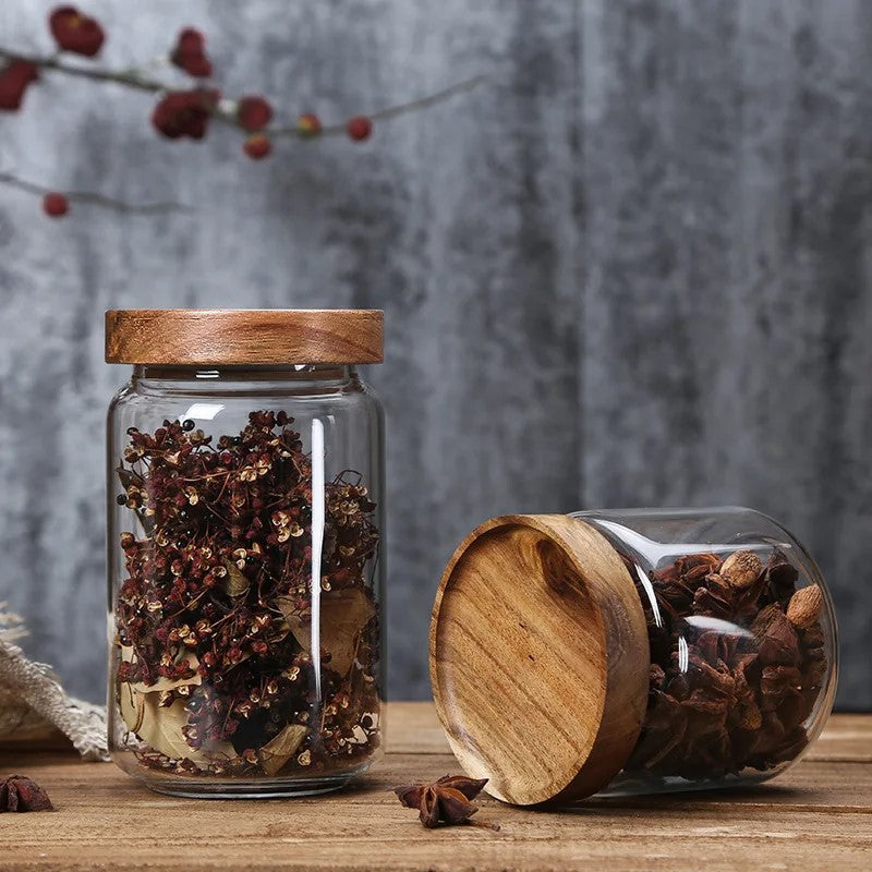 Beautiful Wood Grains In Acacia Wooden Lids On Glass Jars For Food Storage And Kitchen Counter Or Tablescape Home Decor