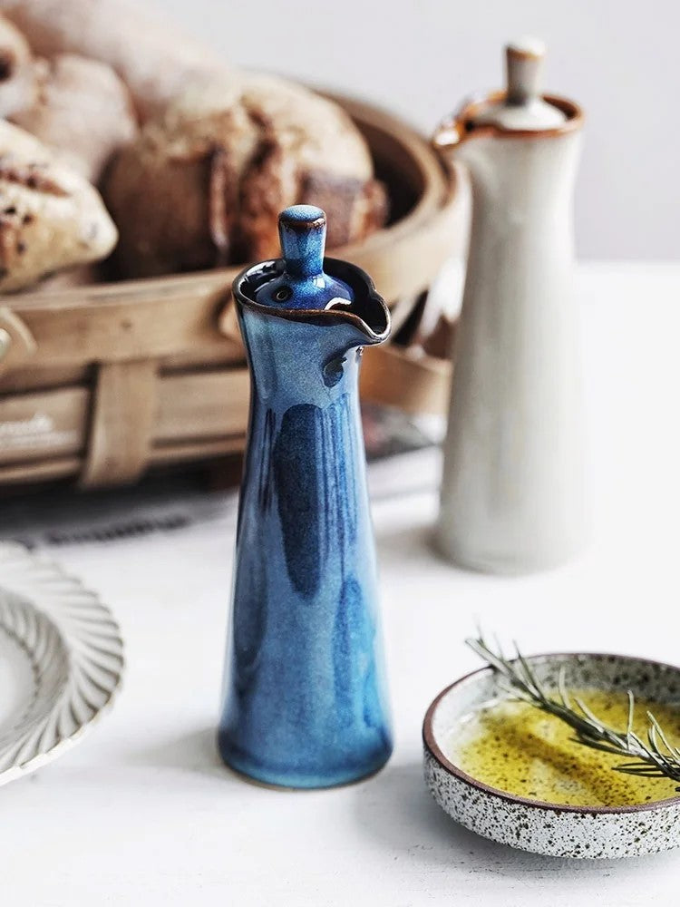 Fresh Baked Breads And Admiral Blue And Biscuit White Pottery Terrace Cruets For Vinegar And Oil Ceramic Bottles With Lids